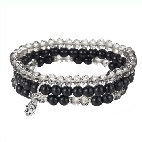 GoPaw Perlenarmband Stretch Boho Armband für Frauen - Kristall Mehrschichtiges Damen Armband für Geburtstage (Schwarz) von GoPaw