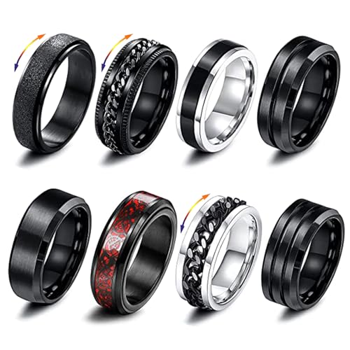 GoPaw Männer Edelstahl Spinner Ring, 8 Pcs Schwarz Fidget Band Ringe Cool Twisted Chain Angst Ringe Männer Ringe Schwarz Spinner Ring Set für Männer Frauen (65(21.5)) von GoPaw