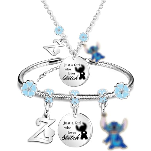 GoPaw Stitch Cartoon Schmuck Set, Cartoon Stitch Halskette, Stitch Halskette Armband niedlichen Buchstaben A-Z Stitch Geschenke Stitch Verstellbares armband für Mädchen (Z) von GoPaw