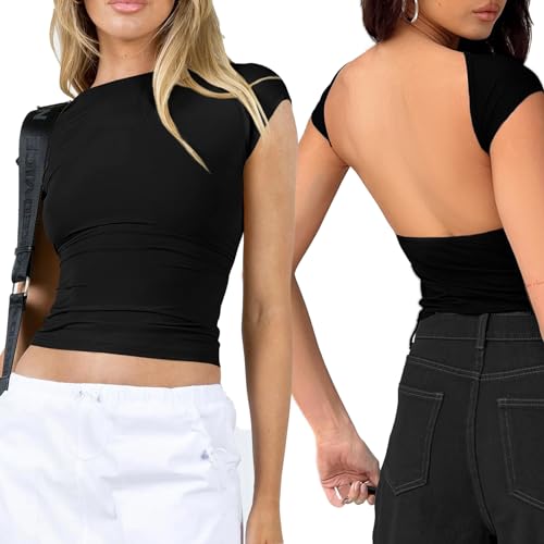 GoPaw Y2K Rückenfreies Umkehrbarer Stil Strassenmode,Backless Top Damen Y2K Rückenfreies Oberteil,Y2k Backless Top Sexy Crop Tops Damen (DE/NL/SE/PL, Alphanumerisch, L, Regular, Regular, Schwarz) von GoPaw