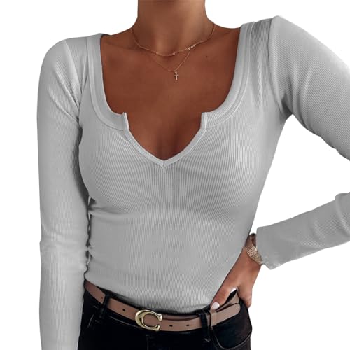 Langarmshirt Slim Fit Damen,V-Ausschnitt Damen Langarmshirt,Skims Langarmshirt Slim Fit,Langarmshirt Damen Y2k,Basic T-Shirt Top (DE/NL/SE/PL, Alphanumerisch, M, Regular, Regular, Grau) von GoPaw