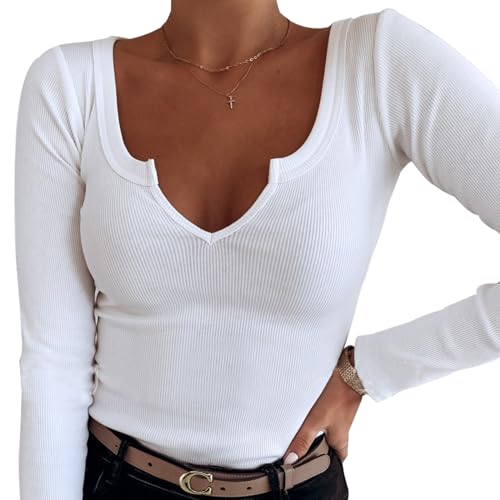 Langarmshirt Slim Fit Damen,V-Ausschnitt Damen Langarmshirt,Skims Langarmshirt Slim Fit,Langarmshirt Damen Y2k,Basic T-Shirt Top (DE/NL/SE/PL, Alphanumerisch, XS, Regular, Regular, Weiß) von GoPaw