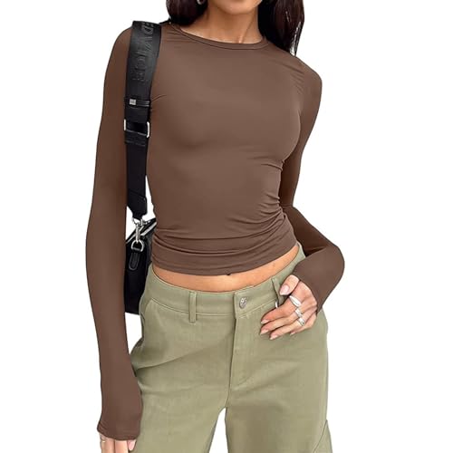 Langarmshirt Slim Fit Damen Y2k,Basic T-Shirt Crop Top,Skims Langarmshirt Slim Fit Damen,Long Sleeve Shirt Women,Women's Long Sleeve Tops (DE/NL/SE/PL, Alphanumerisch, M, Regular, Regular, Braun) von GoPaw