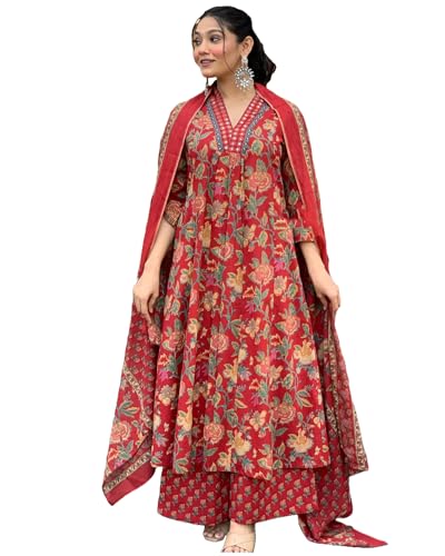 GoSriKi Damen Rayon Blend Anarkali Printed Kurta with Palazzo & Dupatta, Rot, XXL GoSriKi Damen Rayon Blend Anarkali Printed Kurta with Palazzo & Dupatta, Rot, XXL von GoSriKi