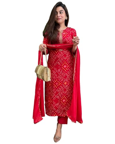 GoSriKi Damen Rayon Blend Straight Bandhej Printed Kurta with Pant & Dupatta, Rot, 4XL von GoSriKi