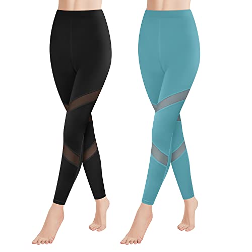 GOVIA 2er Pack Sport Leggings Damen lang High Waist Push Up Sportleggings Gym Pants Sporthose Elastisch Bauchweg Yoga Hose Fitnesshose Laufhose 4132 Schwarz + Hellblau S-M von GOVIA