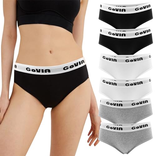 GOVIA Damen Slips Bequeme Baumwolle Mehrpack Panty Unterwäsche mit Bund 6er Pack Schwarz Weiß Grau 3922 UN M von GOVIA