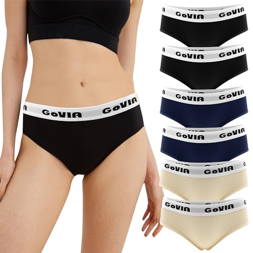 GOVIA Damen Unterwäsche Pantys Bequeme Baumwolle Hipster Mehrpack mit Bund 6er Pack Schwarz Beige Marineblau 3922 BHBU S von GOVIA