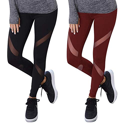 GOVIA 2er Pack Sport Leggings Damen lang High Waist Push Up Sportleggings Gym Pants Sporthose Elastisch Bauchweg Yoga Hose Fitnesshose Laufhose 4107 Schwarz + Dunkelrot 2XL-3XL von GOVIA