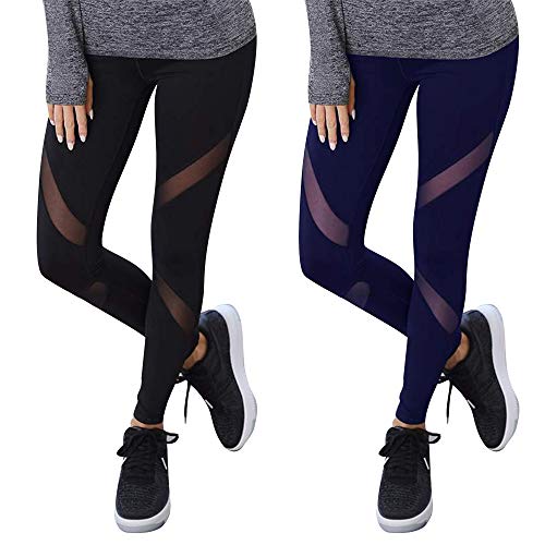 GOVIA 2er Pack Sport Leggings Damen lang High Waist Push Up Sportleggings Gym Pants Sporthose Elastisch Bauchweg Yoga Hose Fitnesshose Laufhose 4107 Schwarz + Marienblau L-XL von GOVIA