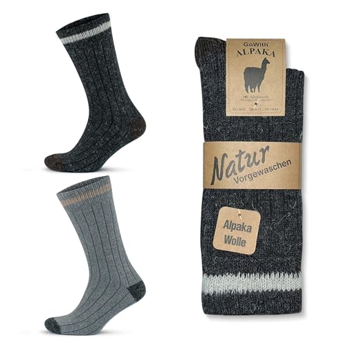GoWith 2 Paar Alpaka Wollsocken Herren Damen Unisex Thermo Crew Socken für Wandern Arbeit Outdoor Mod:3093, 39-42, Grau Anthrazit - 2 Paar (3093) von GoWith