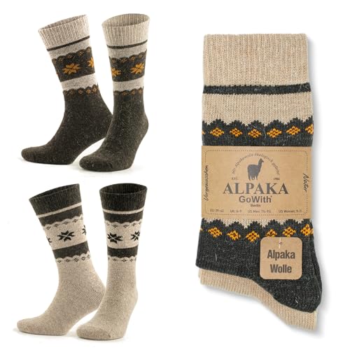 GoWith 2er Paar Alpakasocken, Weiche und Bequeme Herren und Damen Wintersocken, Thermo-Effekt Crew Wollsocken Vorgewaschen, Beige-Braun, Größe 43-46, Model: 3097 von GoWith