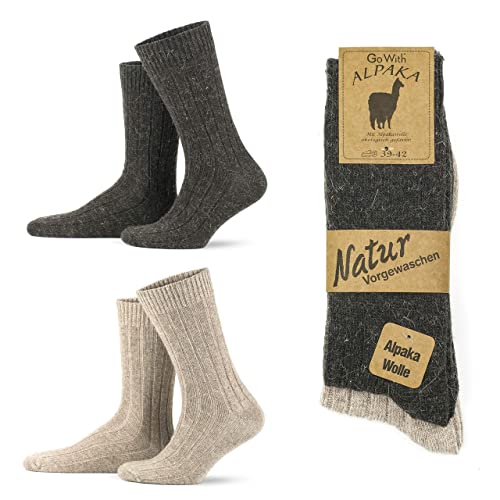 GoWith 2er Paar Alpakasocken, Weiche und Bequeme Herren und Damen Wintersocken, Thermo-Effekt Crew Wollsocken Vorgewaschen, Beige-Braun, Größe 39-42, Model: 3095 von GoWith