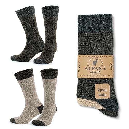 GoWith 2er Paar Alpakasocken, Weiche und Bequeme Herren und Damen Wintersocken, Thermo-Effekt Crew Wollsocken Vorgewaschen, Beige-Braun, Größe 43-46, Model: 3096 von GoWith