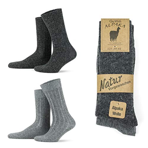 GoWith 2er Paar Alpakasocken, Weiche und Bequeme Herren und Damen Wintersocken, Thermo-Effekt Crew Wollsocken Vorgewaschen, Grau Anthrazit, Größe 35-38, Model: 3095 von GoWith