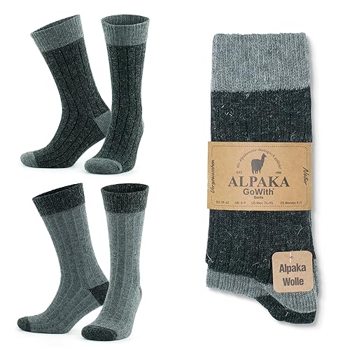 GoWith 2 Paar Alpaka Socken, Wollsocken für Damen und Herren, Alpakawolle Outdoor Socken, Thermosocken, Warme Wintersocken für Wandern und Trekking, Weiche und Bequeme von GoWith