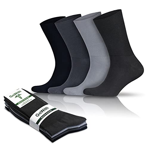 GoWith 4 Paar Diabetikersocken aus Baumwolle, Leinen und Bambus Socken für Herren, Gesundheitssocken, Spitze Handgekettelt, ohne Gummi, Wellness Socken, mit Geschenk Box, OEKO TEX Model 3063 von GoWith