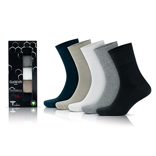 GoWith 5 Paar Diabetikersocken aus Baumwolle für Herren, Ohne Gummi, Gesundheitssocken, Bequeme, Atmungsaktive, Spitze Handgekettelt, Wellness Socken, mit Geschenk Box, OEKO TEX, 3066 von GoWith