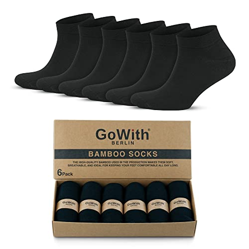 GoWith 6 Paar Bunte Sneaker Bambus Socken aus Baumwolle, Atmungsaktive Kurz Socken für Herren, Laufsocken für Männlich, Ohne Muster Sport Socken, OEKO TEX, Schwarz, 39-42, Model 3112 von GoWith