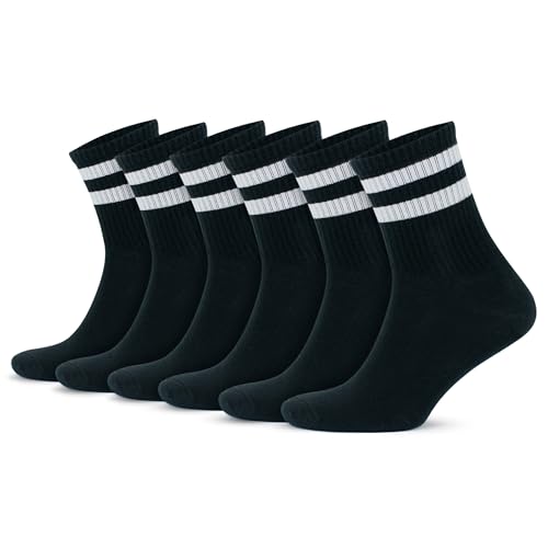 GoWith 6 Paar Tennissocken aus Baumwolle mit bunten Streifen, Größe für Herren 40-44, für Damen 35-40, Retro-Design Collection Sportsocken Black, 2501 von GoWith