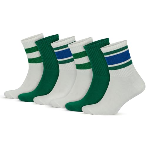 GoWith 6 Paar Tennissocken aus Baumwolle mit bunten Streifen, Größe für Herren 40-44, für Damen 35-40, Retro-Design Collection Sportsocken Ecru Green, 2501 von GoWith