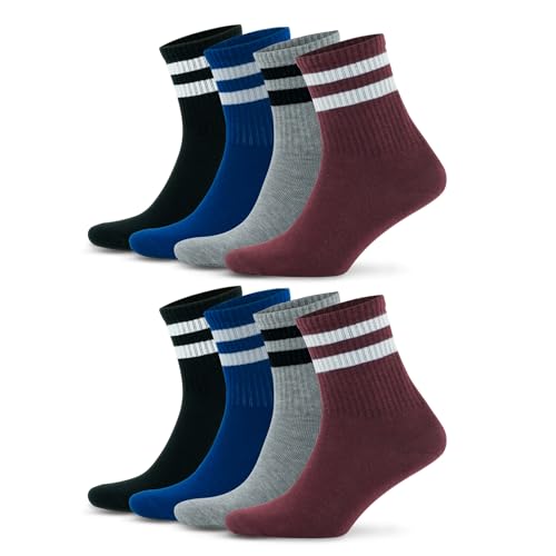 GoWith 8 Paar Tennissocken aus Baumwolle mit bunten Streifen, Größe für Herren 40-44, für Damen 35-40, Retro-Design Collection Sportsocken Burgundy, 2501 von GoWith