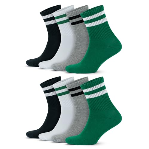 GoWith 8 Paar Tennissocken aus Baumwolle mit bunten Streifen, Größe für Herren 40-44, für Damen 35-40, Retro-Design Collection Sportsocken Dark Green, 2501 von GoWith