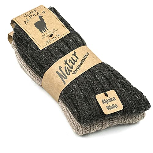 GoWith Alpaka Wollsocken, extra dick 2 Paar Multipack für Damen & Herren, natürliche Thermowolle Wintersocken, weich, warm, gemütlich, klobig, braun beige grau Größe 36-38, 42-44, 43-46, Beige-Braun - von GoWith