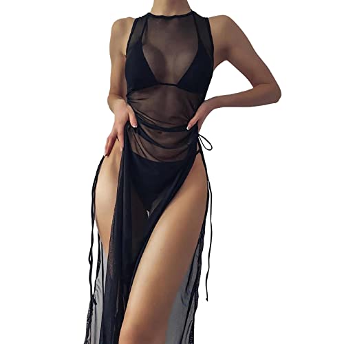 GoWm2022 Damen Bikini Cover Up Strandkleider Sommer Sexy Tunika Beach Minikleid Lang Kleid Sommer Maxi Hoch Split Mesh Strandkleid (Black, L) von GoWm2022