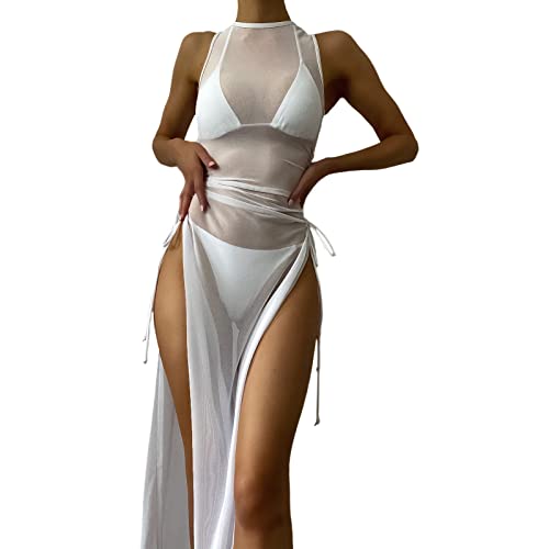 GoWm2022 Damen Bikini Cover Up Strandkleider Sommer Sexy Tunika Beach Minikleid Lang Kleid Sommer Maxi Hoch Split Mesh Strandkleid (White, XXL) von GoWm2022