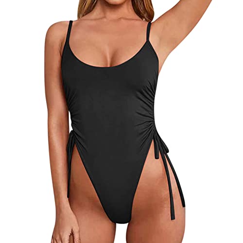 GoWm2022 String Badeanzug Figurformend Badeanzug U-Ausschnitt Badeanzug Seite Kordelzug Einteiler Swimsuit Strandmode (A-Schwarz, M) von GoWm2022