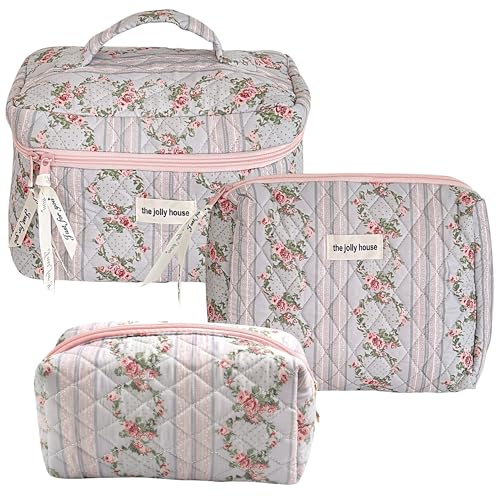 GoaePode Reise Kosmetiktasche Set Damen, 3 Stück Verschiedene Größen Blumen Aesthetic Make up Bag aus Baumwolle, Gesteppte Kulturtasche Beauty Case Schminktasche Travel Essentials, Blue Flower von GoaePode