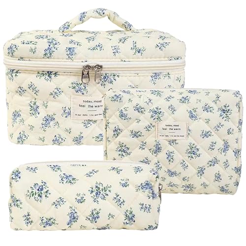 GoaePode Reise Kosmetiktasche Set Damen, 3 Stück Verschiedene Größen Blumen Aesthetic Make up Bag aus Baumwolle, Gesteppte Kulturtasche Beauty Case Schminktasche Travel Essentials, Blue Gourd von GoaePode