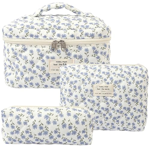 GoaePode Reise Kosmetiktasche Set Damen, 3 Stück Verschiedene Größen Blumen Aesthetic Make up Bag aus Baumwolle, Gesteppte Kulturtasche Beauty Case Schminktasche Travel Essentials, Blue Peacock von GoaePode