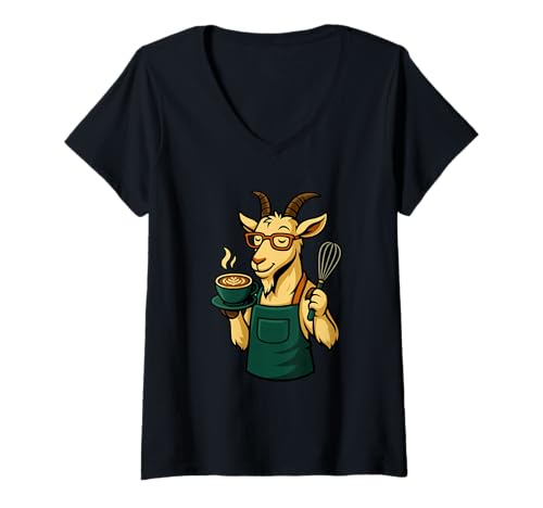 Damen Lustiger Ziegenkaffee Latte Barista Humor T-Shirt mit V-Ausschnitt Damen Lustiger Ziegenkaffee Latte Barista Humor T-Shirt mit V-Ausschnitt von Goat Coffee Barista Humor Funny Apparel