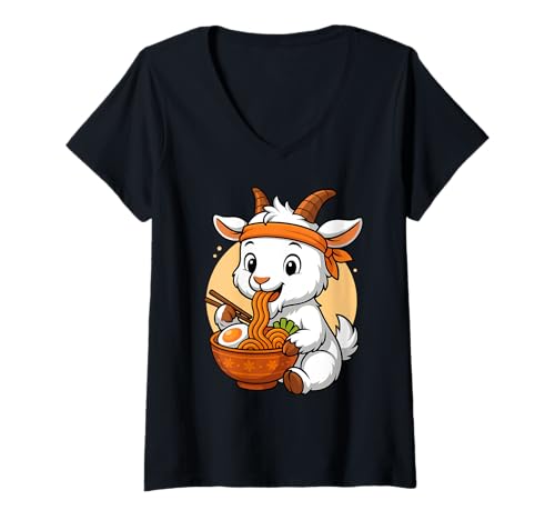 Damen Kawaii Ziegenfressen Ramen Grafik Japanische Ziege Grafik T-Shirt mit V-Ausschnitt von Goat Eating Ramen Funny Japanese Kawaii Design