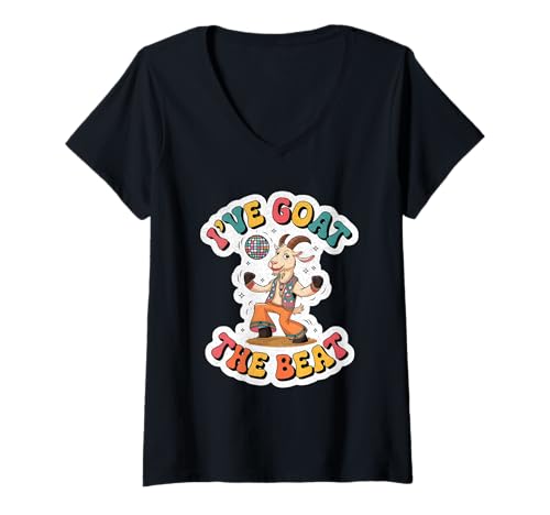 Damen I've Goat The Beat Distressed Retro 70er Disco Ball Dancing T-Shirt mit V-Ausschnitt Damen I've Goat The Beat Distressed Retro 70er Disco Ball Dancing T-Shirt mit V-Ausschnitt von Goat Gifts For Goat Lovers