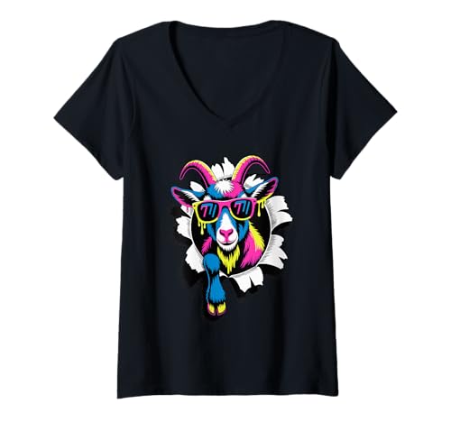Damen Gerissener Papiereffekt Ziege Sonnenbrille Ziegen T-Shirt mit V-Ausschnitt Damen Gerissener Papiereffekt Ziege Sonnenbrille Ziegen T-Shirt mit V-Ausschnitt von Goats Lover Gifts