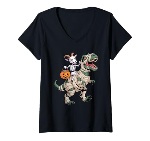 Damen Halloween T-Rex Dinosaurier Ziege Mumie Tyrannosaurus Rex T-Shirt mit V-Ausschnitt Damen Halloween T-Rex Dinosaurier Ziege Mumie Tyrannosaurus Rex T-Shirt mit V-Ausschnitt von Goats Lover Gifts