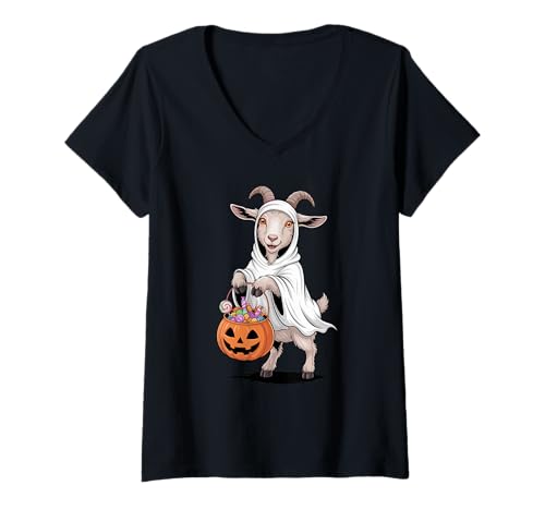 Damen Halloween Ziege Geist Kürbis Süßes Oder Saures Süßigkeiten T-Shirt mit V-Ausschnitt Damen Halloween Ziege Geist Kürbis Süßes Oder Saures Süßigkeiten T-Shirt mit V-Ausschnitt von Goats Lover Gifts