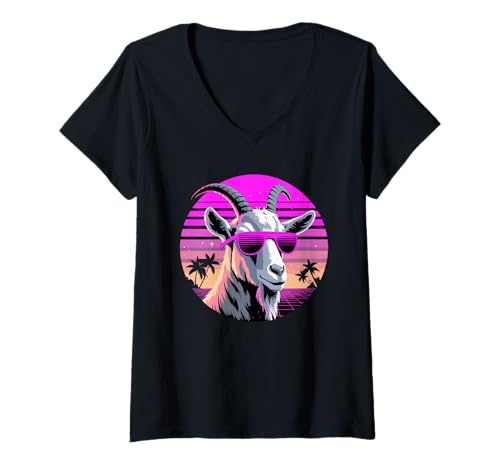 Damen Retro Synthwave Goat Sunglasses Goats T-Shirt mit V-Ausschnitt Damen Retro Synthwave Goat Sunglasses Goats T-Shirt mit V-Ausschnitt von Goats Lover Gifts