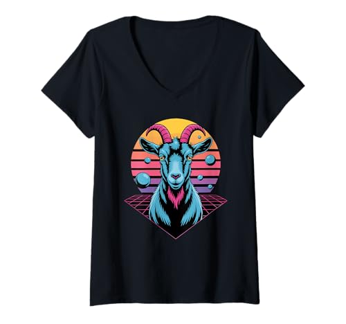 Damen Retro Synthwave Ziege Ziegen T-Shirt mit V-Ausschnitt Damen Retro Synthwave Ziege Ziegen T-Shirt mit V-Ausschnitt von Goats Lover Gifts