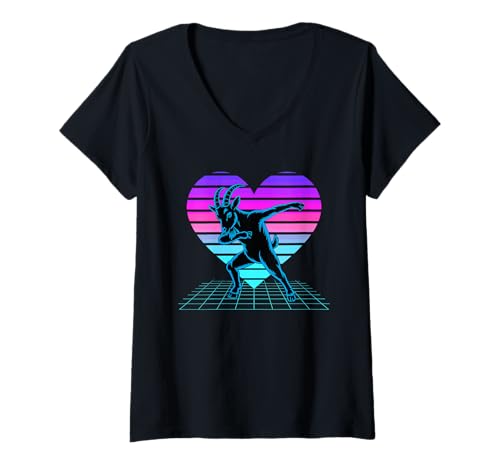 Damen Retrowave Herz Dabender Ziege Ziegen T-Shirt mit V-Ausschnitt Damen Retrowave Herz Dabender Ziege Ziegen T-Shirt mit V-Ausschnitt von Goats Lover Gifts