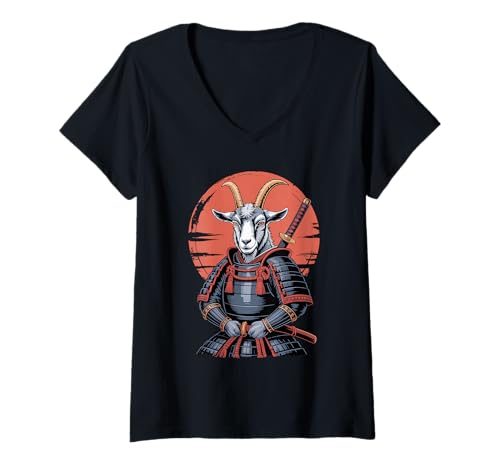 Damen Samurai Ziege Schwert Ziegen T-Shirt mit V-Ausschnitt Damen Samurai Ziege Schwert Ziegen T-Shirt mit V-Ausschnitt von Goats Lover Gifts