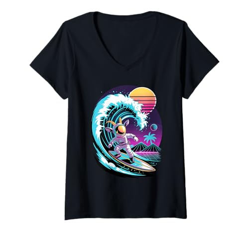 Damen Synthwave Surfer Ziege Astronaut Ziegen T-Shirt mit V-Ausschnitt von Goats Lover Gifts