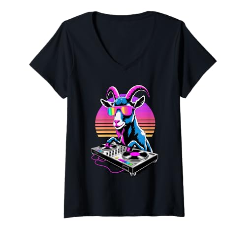 Damen Synthwave Ziege DJ Sonnenbrille Ziegen T-Shirt mit V-Ausschnitt Damen Synthwave Ziege DJ Sonnenbrille Ziegen T-Shirt mit V-Ausschnitt von Goats Lover Gifts