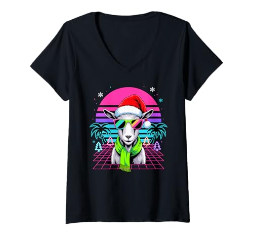 Damen Weihnachten Synthwave Ziege Sonnenbrille Ziegen T-Shirt mit V-Ausschnitt Damen Weihnachten Synthwave Ziege Sonnenbrille Ziegen T-Shirt mit V-Ausschnitt von Goats Lover Gifts