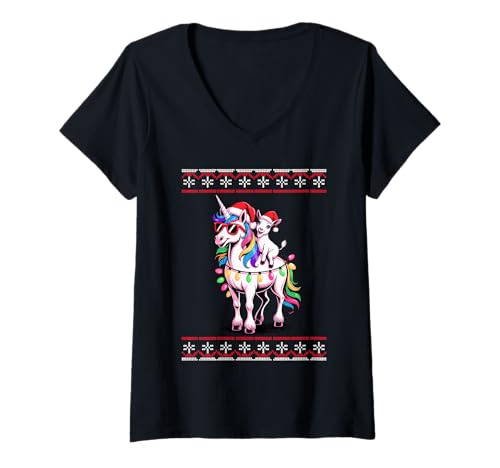 Damen Weihnachten Ziege Einhorn Sonnenbrille Ziegen T-Shirt mit V-Ausschnitt Damen Weihnachten Ziege Einhorn Sonnenbrille Ziegen T-Shirt mit V-Ausschnitt von Goats Lover Gifts