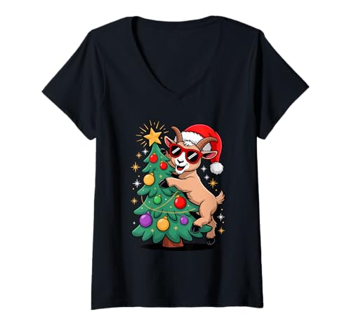 Damen Weihnachtsbaum Ziege Sonnenbrille Ziegen T-Shirt mit V-Ausschnitt Damen Weihnachtsbaum Ziege Sonnenbrille Ziegen T-Shirt mit V-Ausschnitt von Goats Lover Gifts