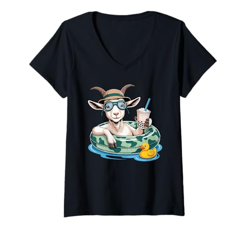 Damen Ziege Boba Perlen Milchtee Ziegen T-Shirt mit V-Ausschnitt Damen Ziege Boba Perlen Milchtee Ziegen T-Shirt mit V-Ausschnitt von Goats Lover Gifts